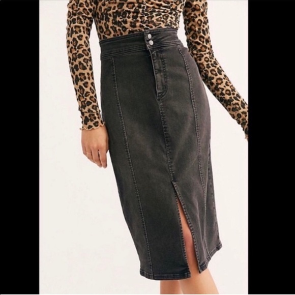 Free People Maddie Denim Midi Skirt in Black as Night - Picture 3 of 6